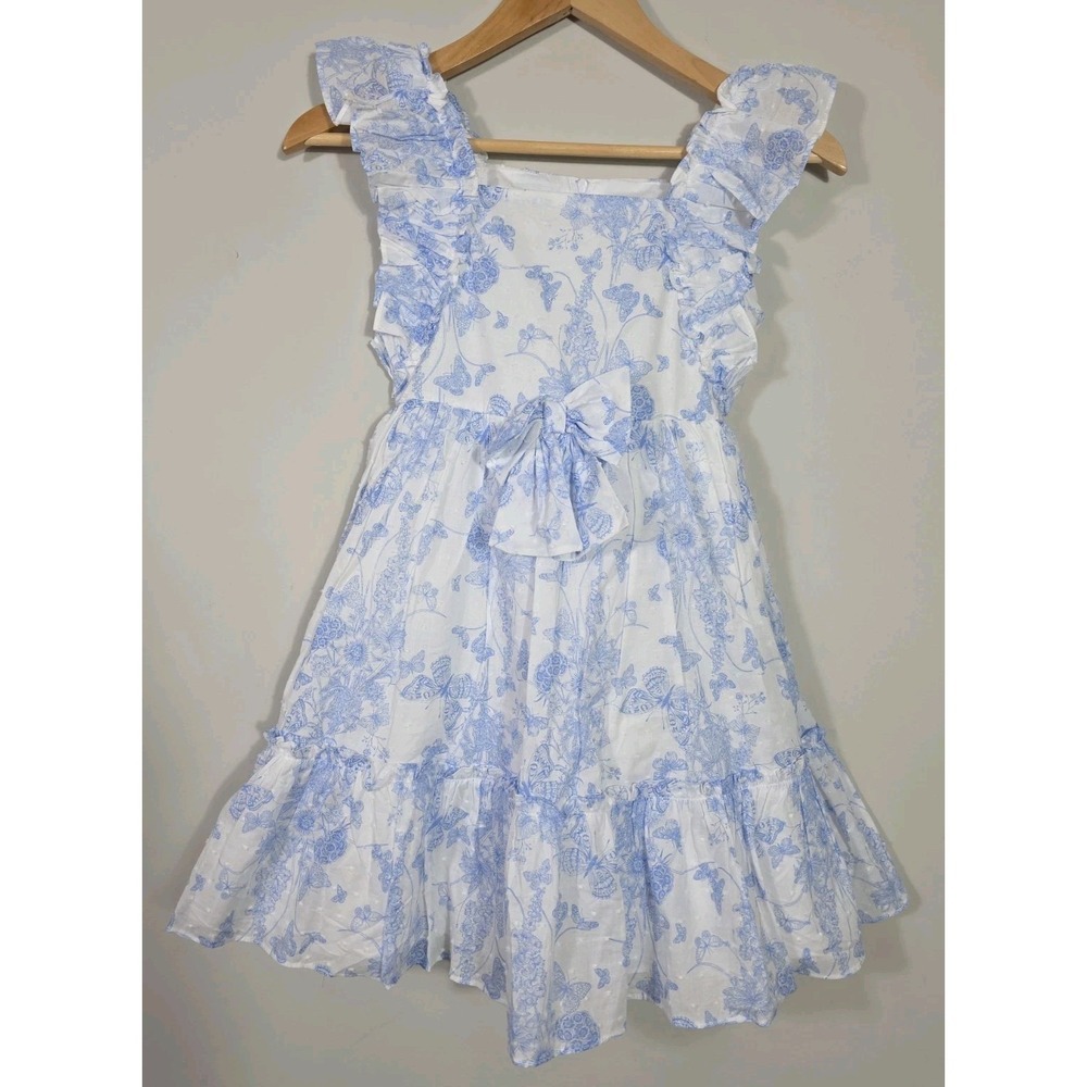 Bonnie Jean Blue Floral Dress Size 8 White Ruffle Bow Cottagecore Summer